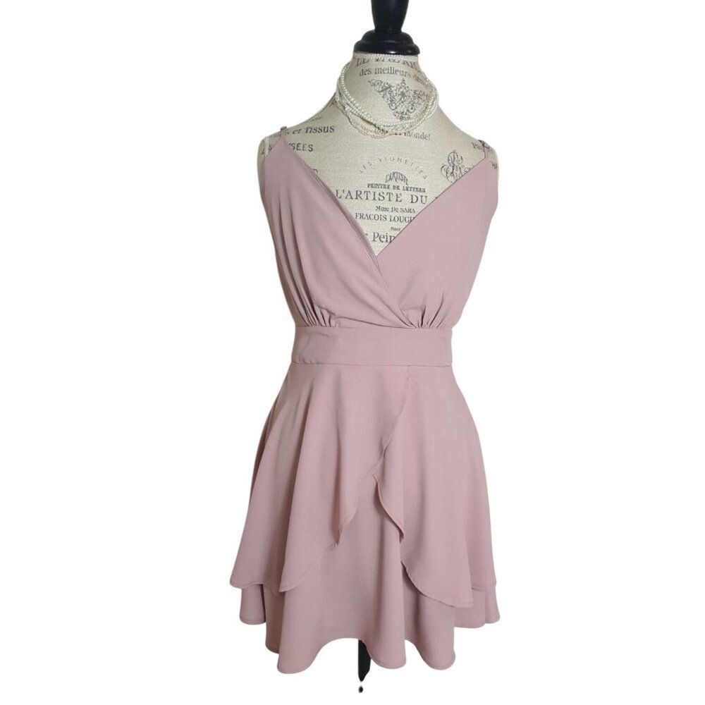 Juniors Sleeveless V-Neck Dress L Blush Ruffle Layer Flowy Formal Wedding Fairy
